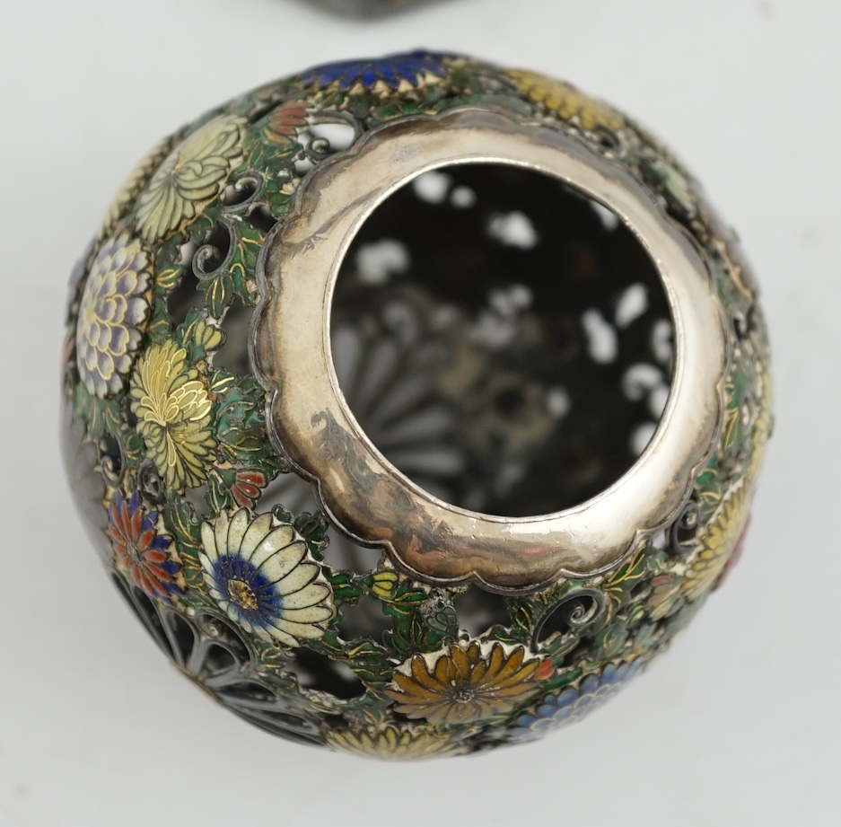 A Japanese silver and enamel globe-shaped koro and cover, Meiji period, some damage